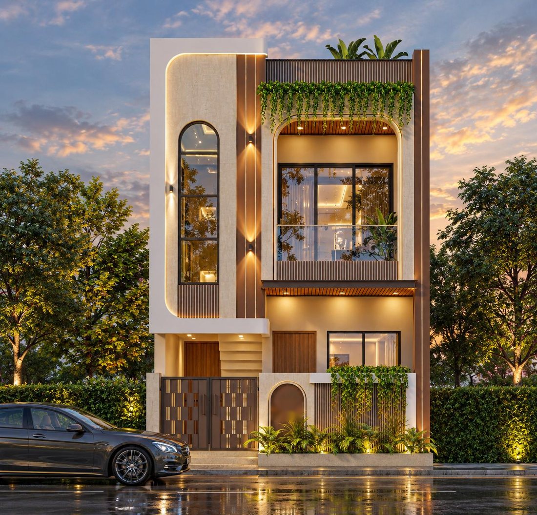 3D elevation of a modern villa with an arched window, wooden slats and a terrace garden, lit at sunset